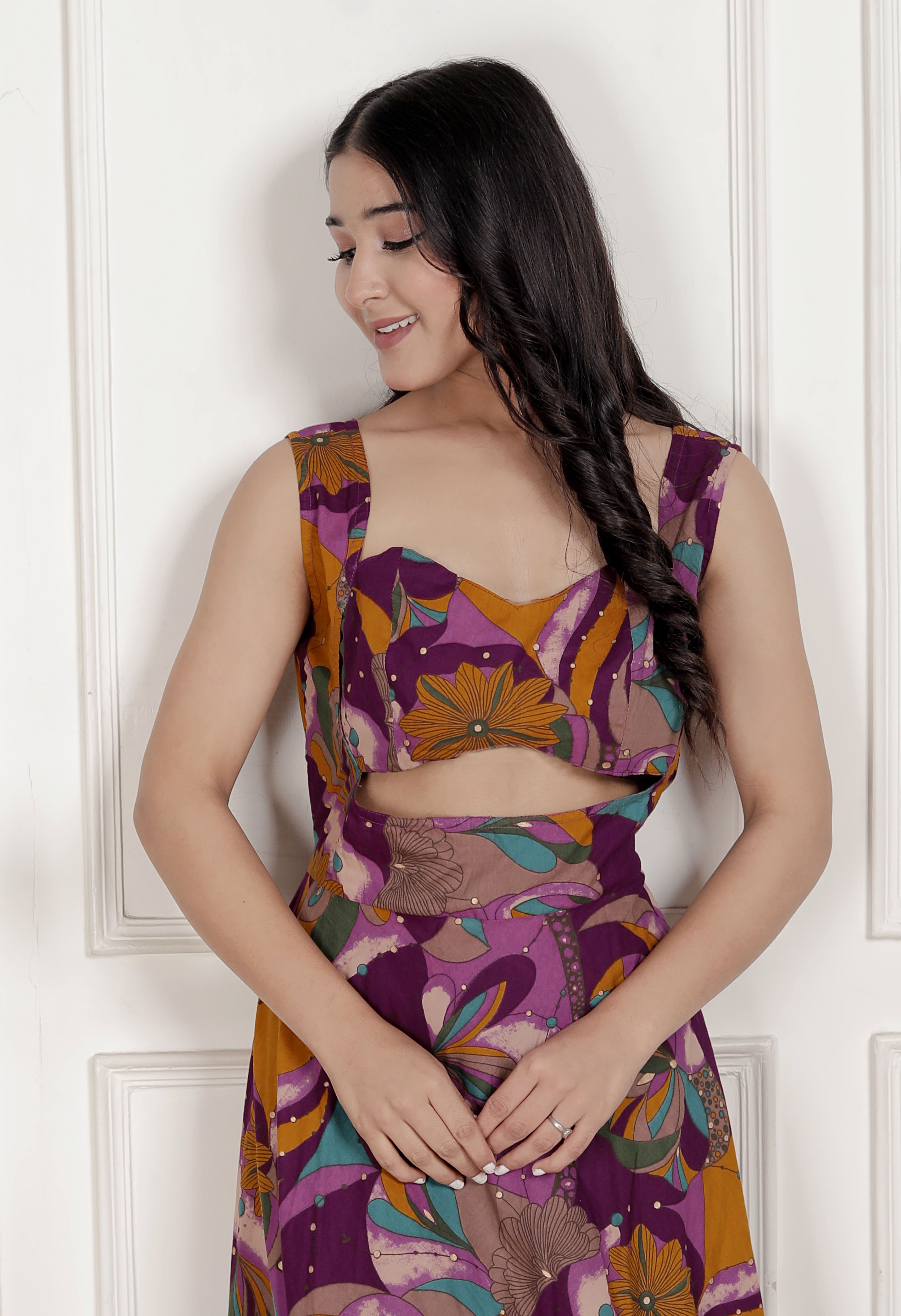 Magenta Floral Cotton Sleeveless Western Dress with Cut-Out Detail